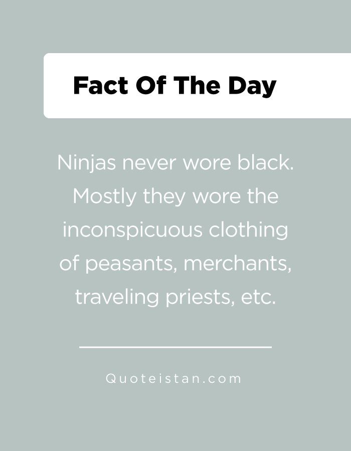 Ninjas never wore black. Mostly they wore the inconspicuous clothing of peasants, merchants, traveling priests, etc.