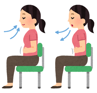 椅子に座った腹式呼吸のイラスト（女性）