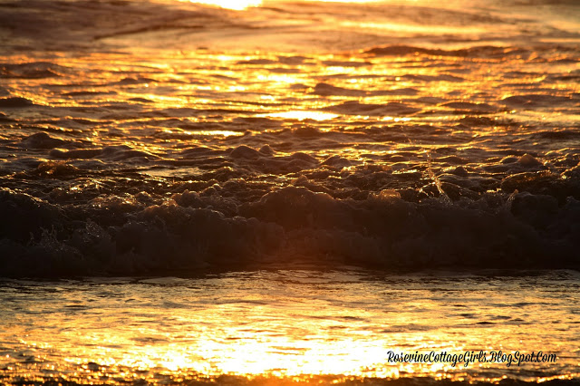 The last golden rays of sunset reflecting on the ocean waves and dancing with the shadows as it washes up on the shore. Waiting to live is the theme of the article by rosevinecottagegirls.com