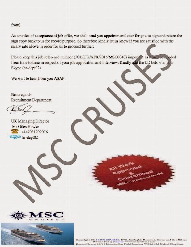 msc cruise ship job scams