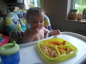 Baby led weaning baby eating paprika Chicken and sweet potato