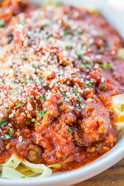THE BEST Slow Cooker Bolognese Sauce - Italian sausage, garlic crushed tomatoes, tomato paste, and spices cook all day in the crock-pot. Hands-down THE BEST spaghetti sauce EVER! Everyone raves about this sauce. We make this all the time. Freeze leftovers for a quick meal later! THE BEST Slow Cooker Bolognese Sauce - Italian sausage, garlic crushed tomatoes, tomato paste, and spices cook all day in the crock-pot. Hands-down THE BEST spaghetti sauce EVER! Everyone raves about this sauce. We make this all the time. Freeze leftovers for a quick meal later!