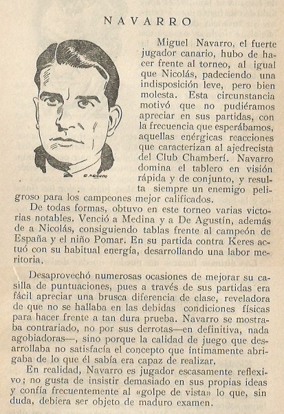Libro Gran Torneo Internacional Madrid 1943, recorte sobre Miguel Navarro Recorte sobre Miguel Navarro en el libro Gran Torneo Internacional Madrid 1943