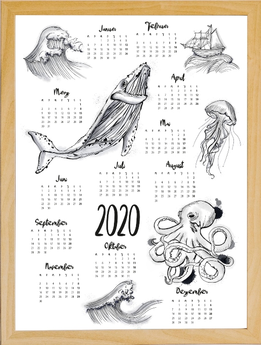 2020 Overview Wall Calendar Ocean Sea Life Illustration Art