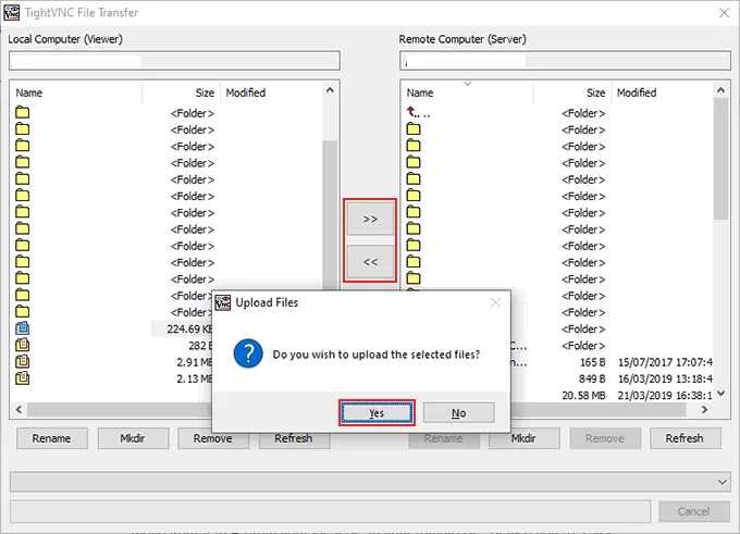Uzak Masaüstü Oturumunda Yerel Dosyalara ve Klasörlere Erişim 13 TightVNC Begin File Transfer.png