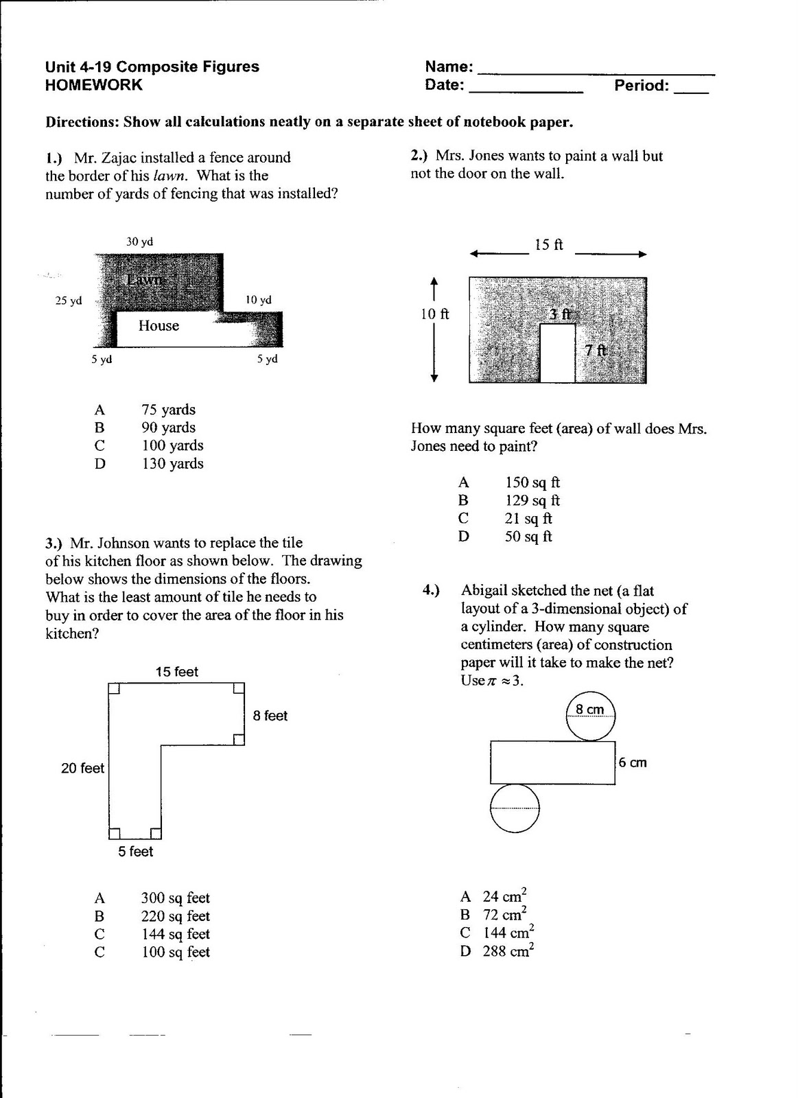 Area of composite figures homework picture