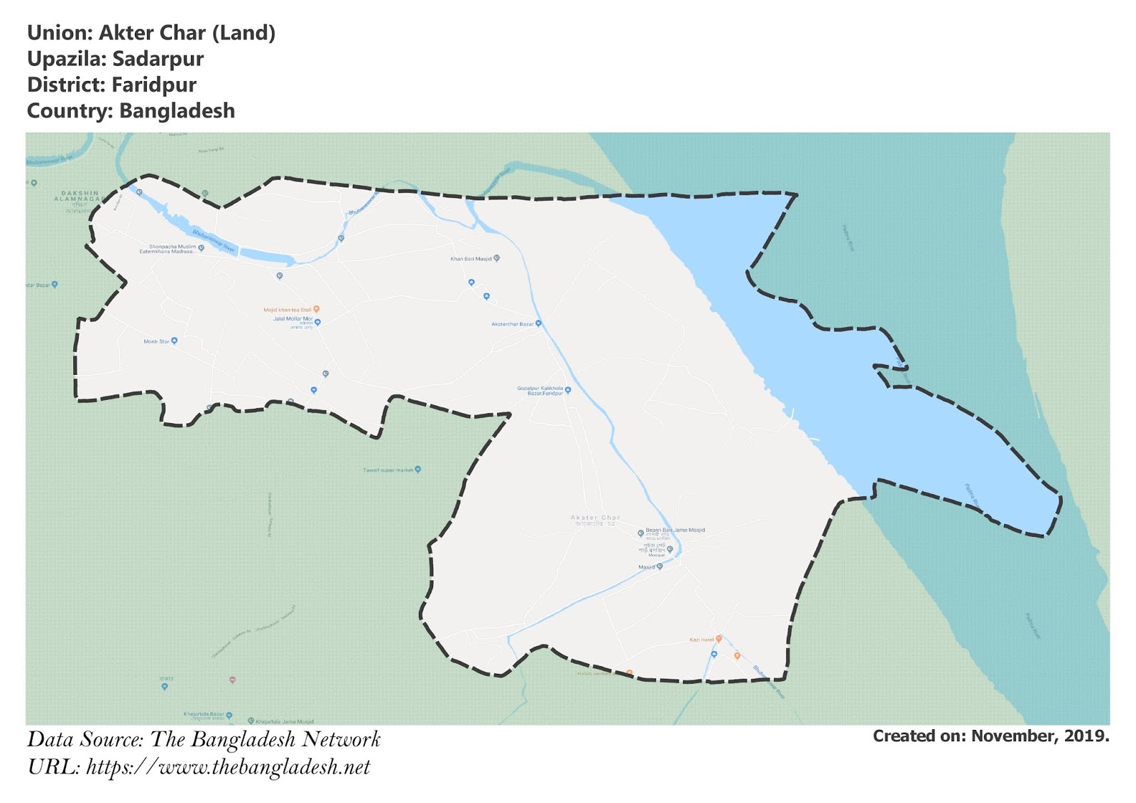 Map of Akter Char of Faridpur, Bangladesh.