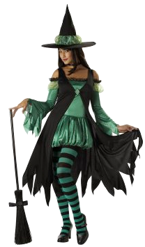 Disfraz de bruja Foto de mujer con disfraz de bruja con su escoba para Halloween color negro y verde