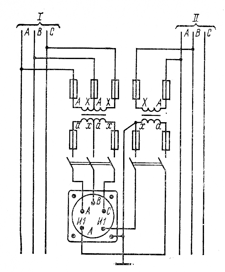 Схема включения электромагнитного синхроноскопа в сеть напряжением 380 В