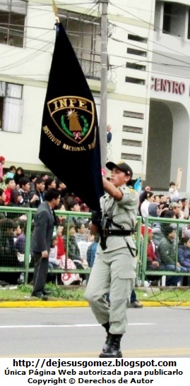 Mujer del INPE Foto de la mujer que llevó el estandarte del INPE en el Desfile peruano. Foto tomada por Jesus Gomez