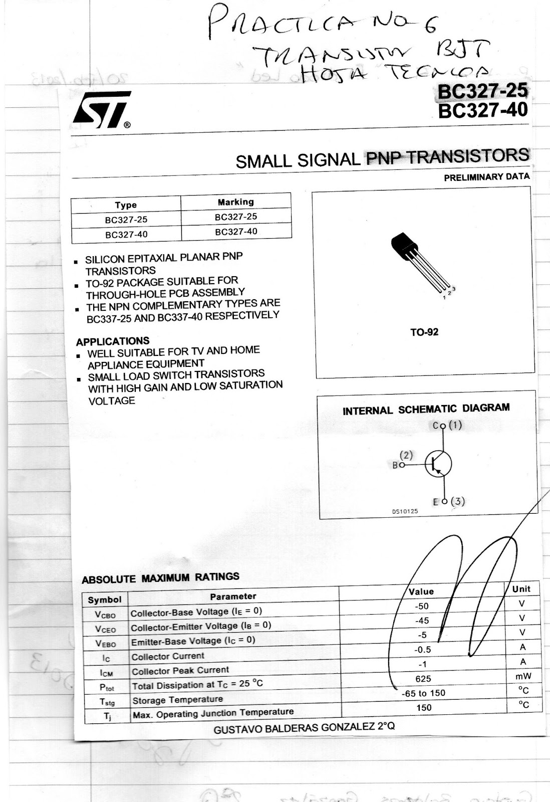 ELECTRONICA 2°Q TRANSISTOR BJTPRACTICA NO.6