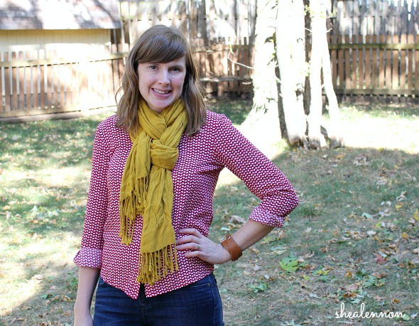 red print blouse with mustard yellow scarf | www.shealennon.com