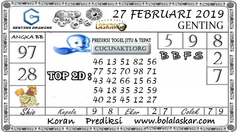 Prediksi Togel GENTING DRAWING LASKAR4D 27 FEBRUARI 2019