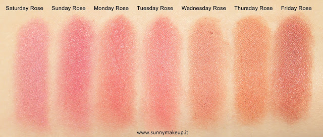 Swatch Neve Cosmetics - Blush Garden. Saturday Rose, Sunday Rose, Monday Rose, Tuesday Rose, Wednesday Rose, Thursday Rose, Friday Rose.