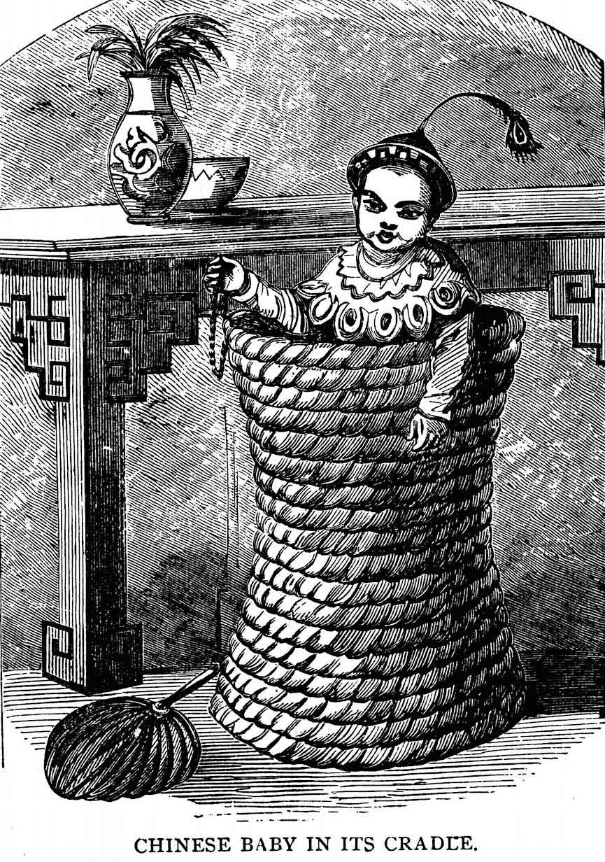 Chinese cradle 1600 an illustration fron an 1800s book, a Chinese cradle 1600