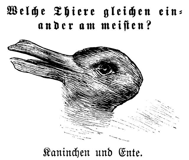 Translation: Which animals are most like each other? – Rabbit and Duck. Uncredited illustration from Fliegende Blätter, issue #2645 (October 23, 1892). "What were ducks in the scientist's world before the revolution are rabbits afterwards." – Thomas Kuhn (1922-1996) The Structure of Scientific Revolutions, chapter 10. The image is a hand-drawn optical illusion. Look at it one way and it appears to be the head of a duck. Another way and the duck's bill becomes rabbit ears and suddenly it becomes a bunny.