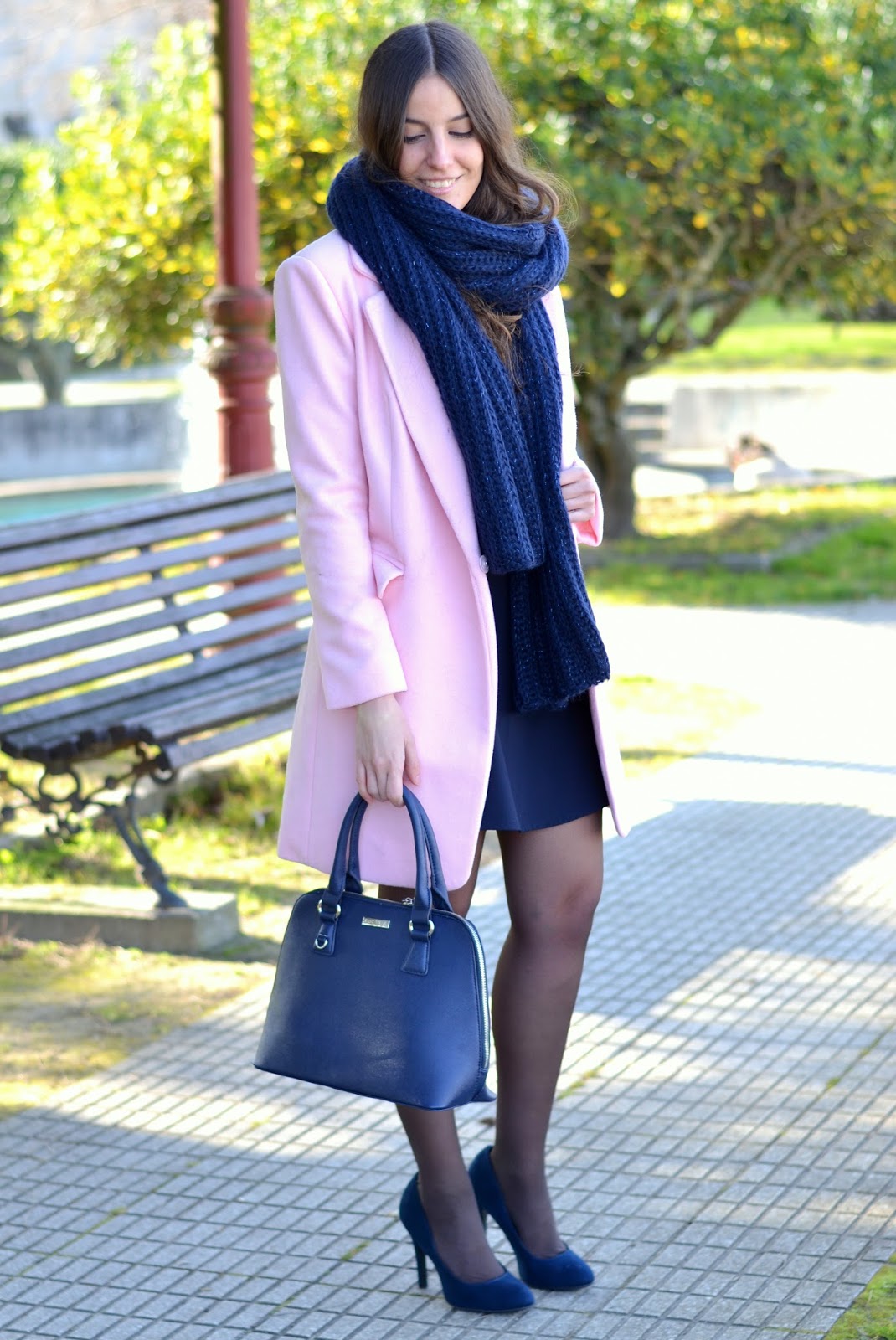 pink coat and blue dress