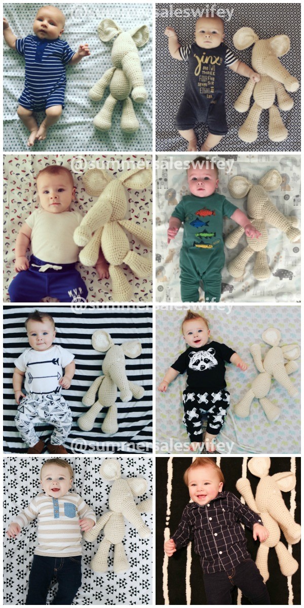 Collage af baby på tæppe med udstoppet dyr.