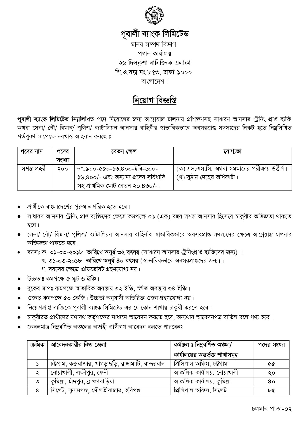 Pubali Bank limited (PBL) Job Circular 2018