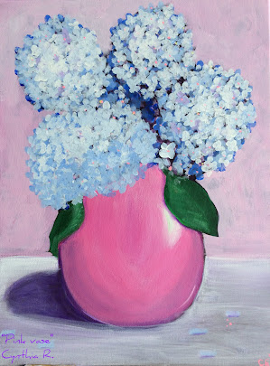 pink vase, hortensias azules, florero rosado, pink vase with blue flowers, pintura acrílica en canvas, acrylic painting on canvas