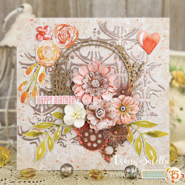 Floral Mixed Media Birthday Card by Tracey Sabella for Studio75: #traceysabella #studio75 #scrapiniec #cadence #littlebirdiecrafts #acmoore #littlebirdiecraftsflowers #prills #finnabair #rangerink #heidiswapp #helmar #scrapbookadhesivesby3l #mixedmedia #shabbychic #mixedmediaart #mixedmediacard #mixedmediacards #shabbychiccard #shabbychiccards #diycard #diycards #handcraftedcard #handcraftedcards #diycrafts #spring #springcard #handmadecard #handmadecards