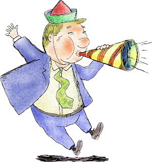 Clipart image of a man wearing a party hat blowing a noisemaker for New Year's Eve