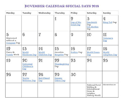 2018 november holiday calendar for kids