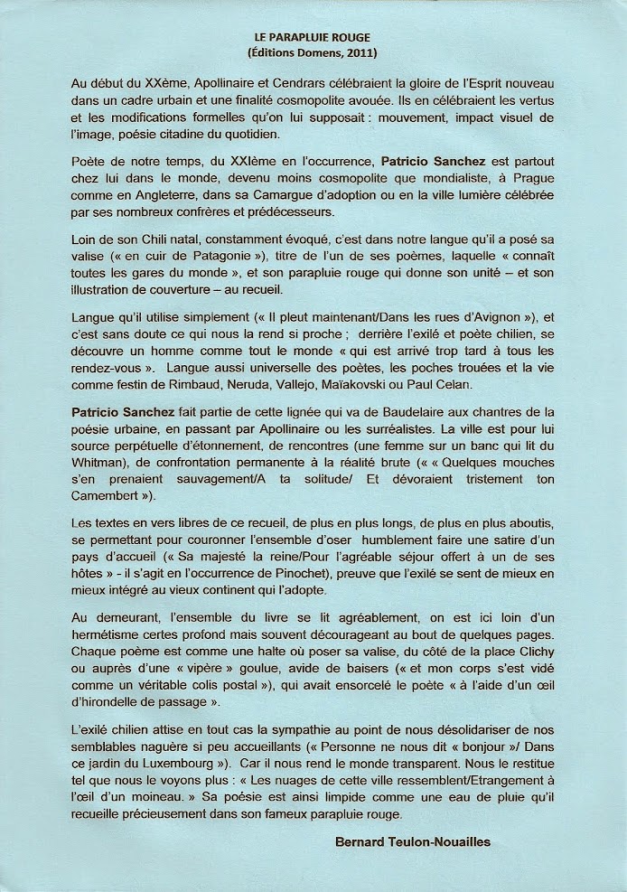 Critique Bernard Teulon-Nouailles, Le Parapluie rouge de Patricio Sanchez, Domens 2011.