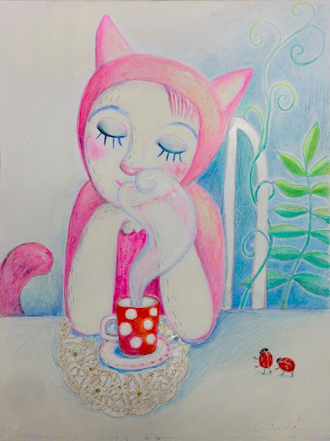 cat pink #cat #illustration #art #pink #lace #ladybird #mixedmedia
