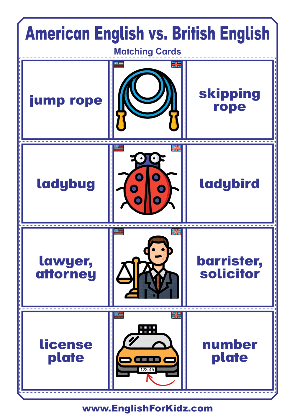 American English vs. British English Matching Cards