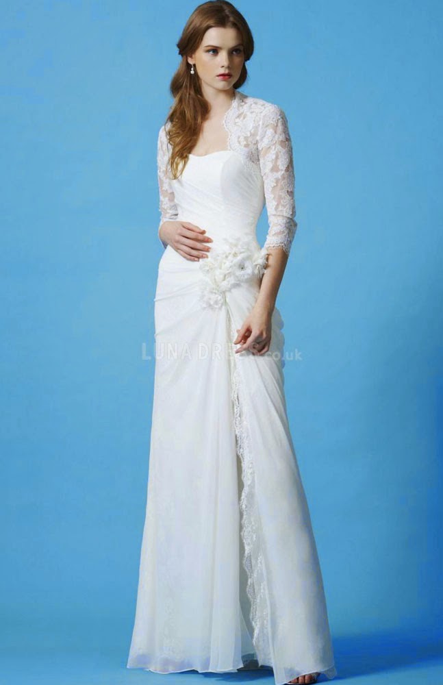 Casual White Wedding Dresses 3/4 Length Sleeves Design