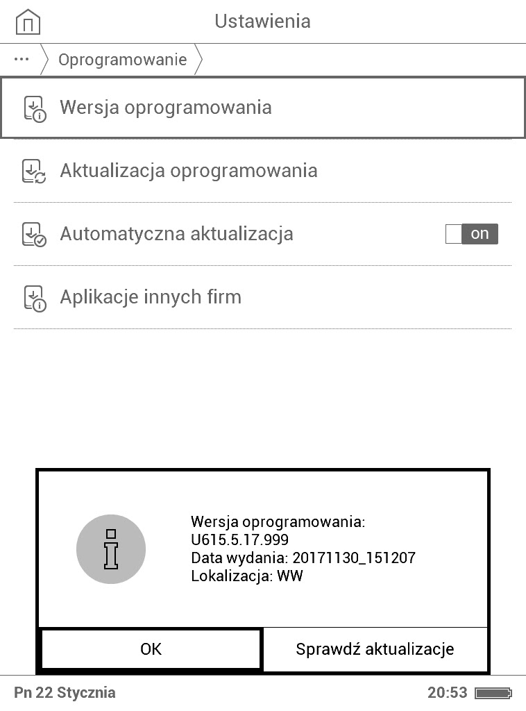 PocketBook Basic Lux - zrzut ekranu z komunikatem o wersji oprogramowania