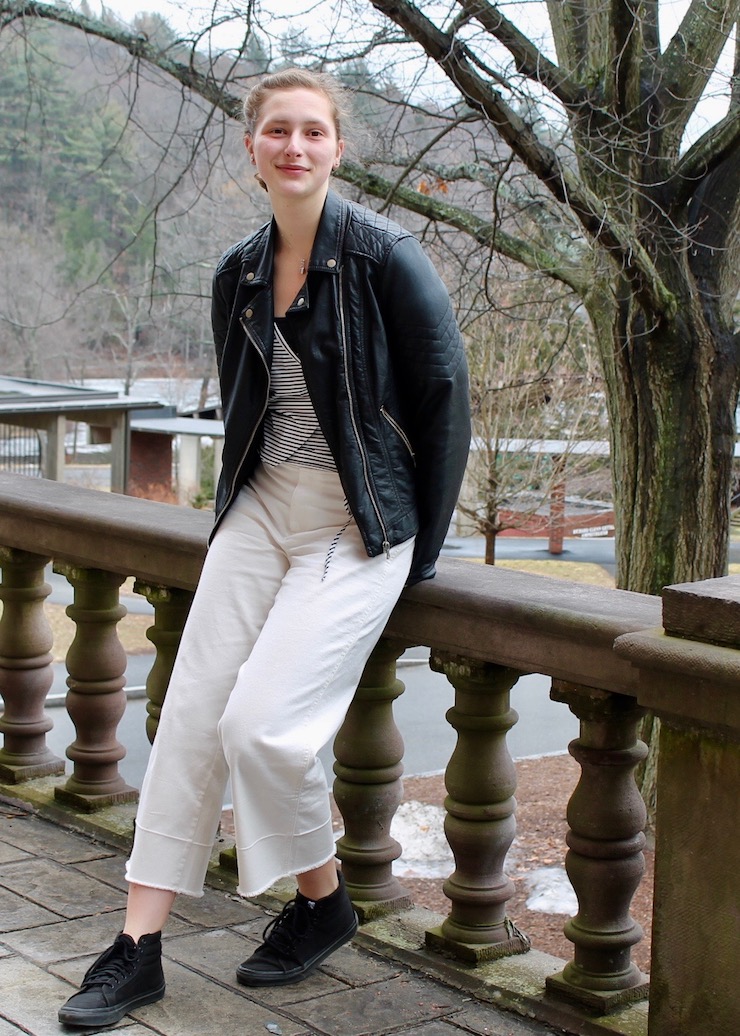 simple white and black outfit: oversized white Gap pants, striped shirt, black leather jacket #ootd