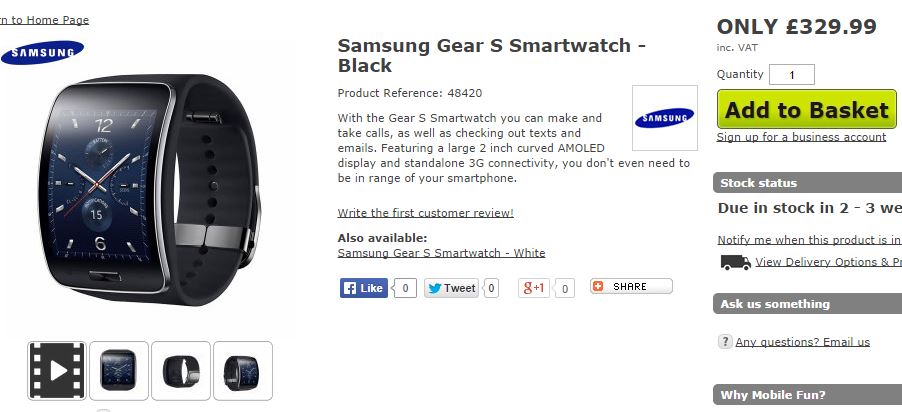 Samsung Gear S SmartWatch Price in UK Whats the price of Samsung Gear S in UK?
