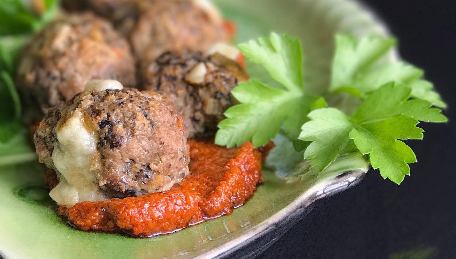 The Yum Yum Factor Manchego Stuffed Smoky Meatballs with Romesco