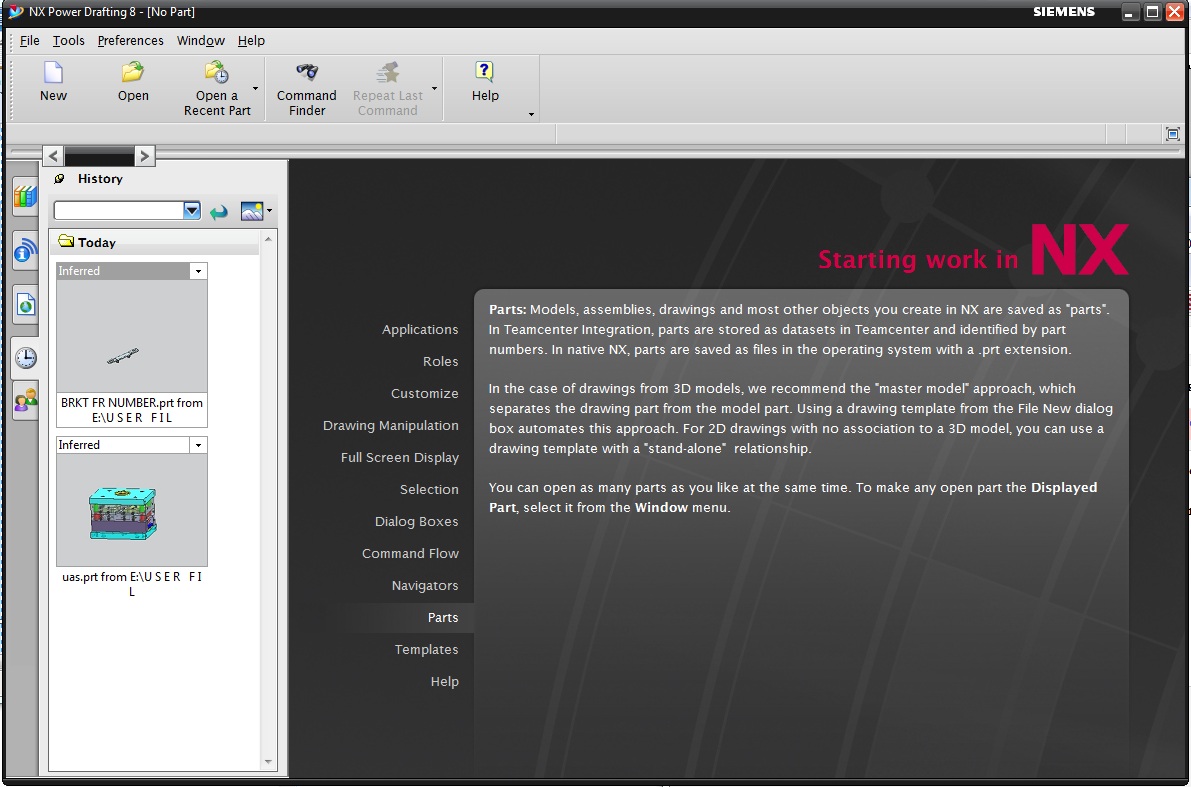... to beginning with power drafting, you should select power drafting after click start-siemens, the first environment is like picture below