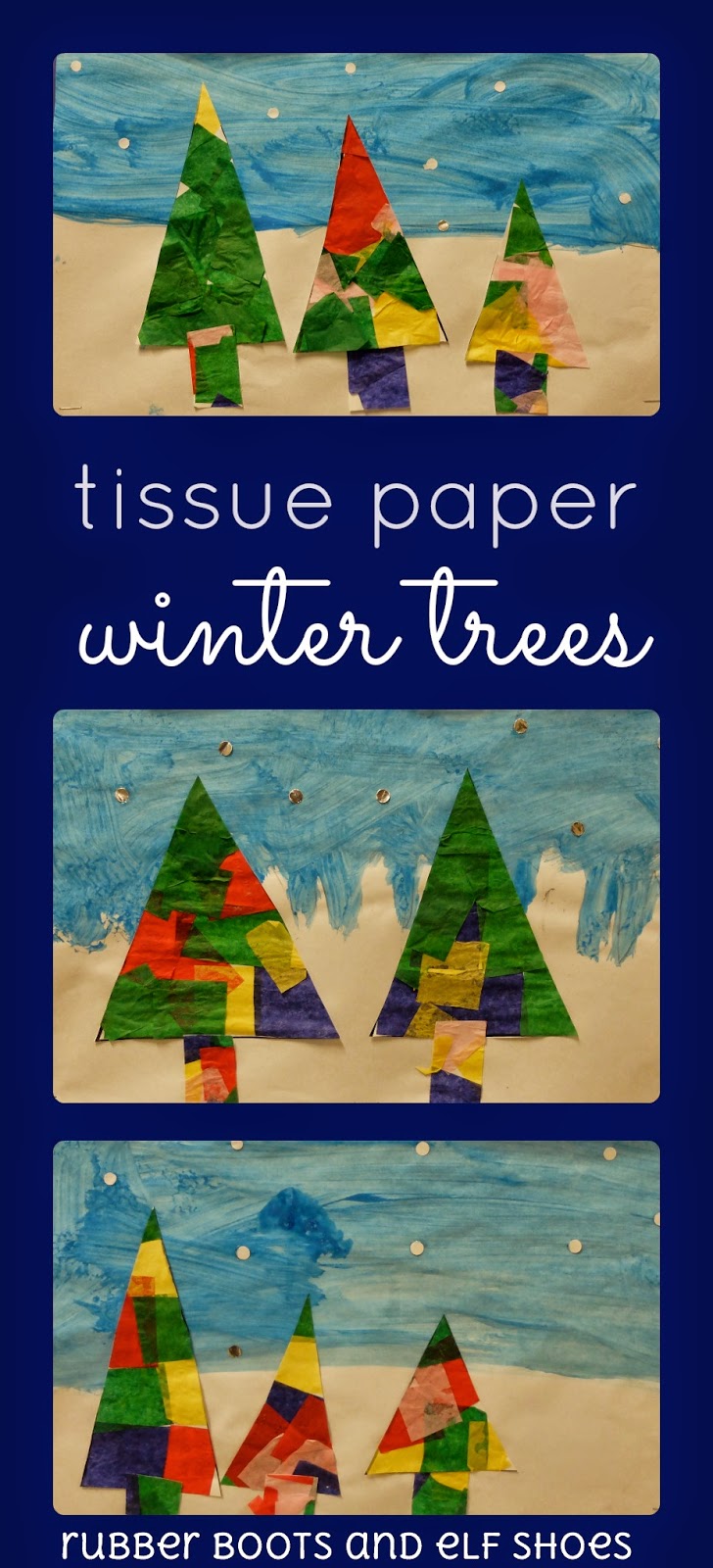 colourful tissue paper winter trees rubber boots and elf shoes