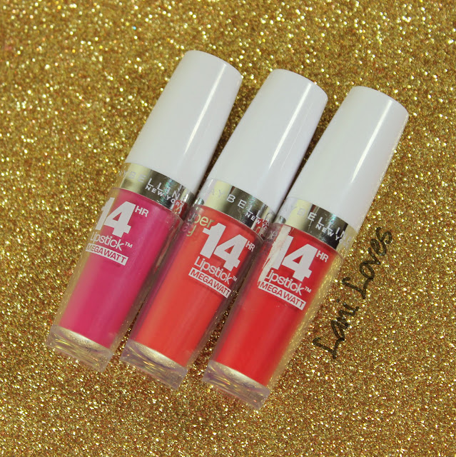 Maybelline Superstay Megawatt Lipstick - Flash of Fuchsia, Burst of Coral, Red Rays Swatches & Review