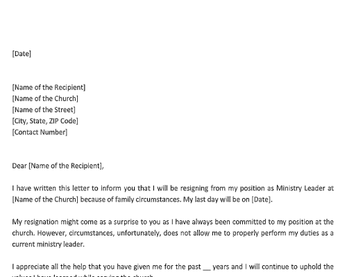 Church Resignation Letter for Ministry Leader Church Resignation Letter for Ministry Leader