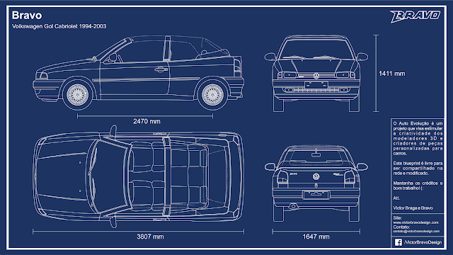 Blueprint Bravo Volkswagen Gol Cabriolet 1994-2003 Imagem mostrando o desenho do blueprint do Bravo Volkswagen Gol Cabriolet 1994-2003