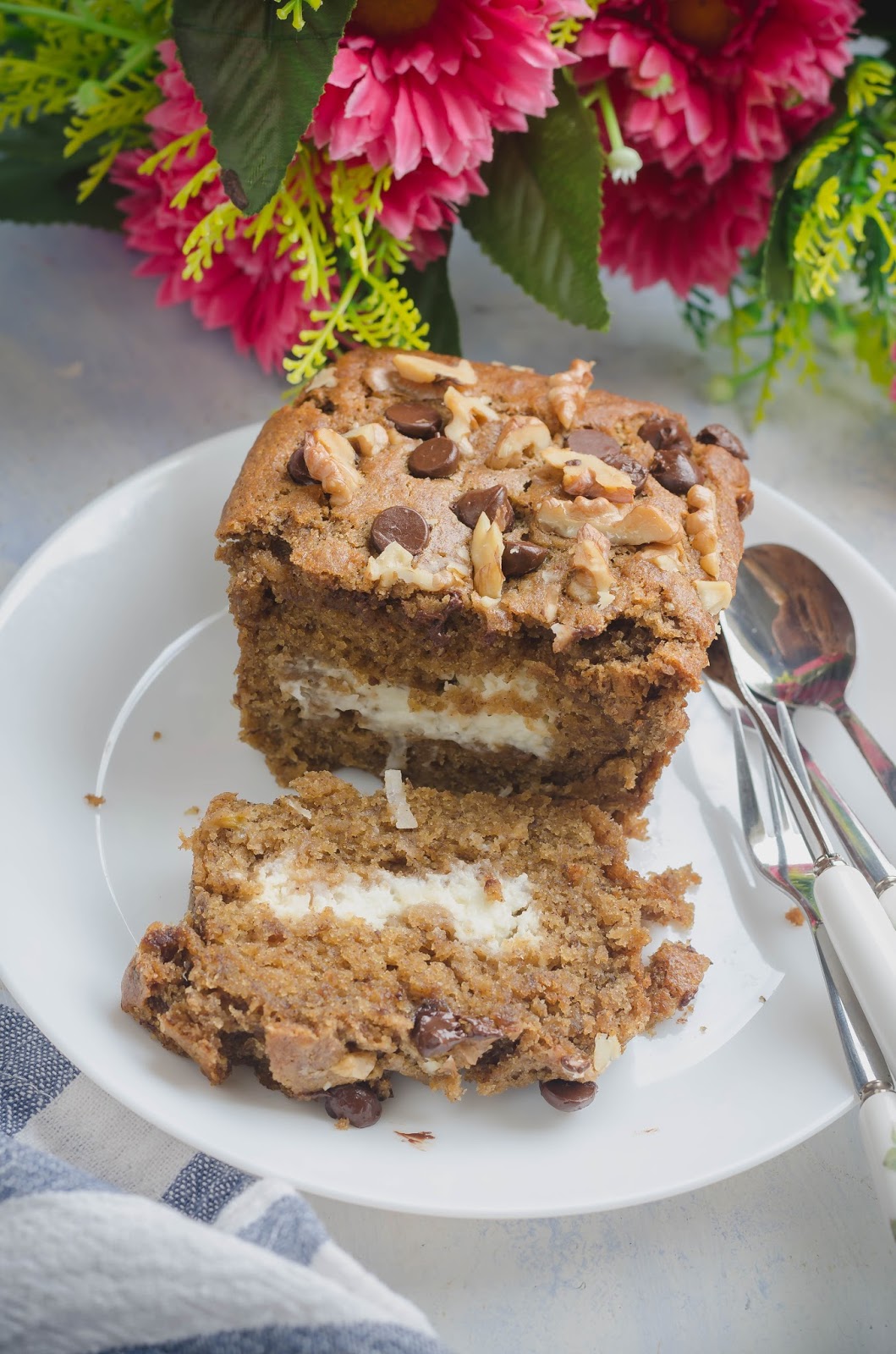 Eggless Whole wheat Banana Bread with cream cheese center I Camp in