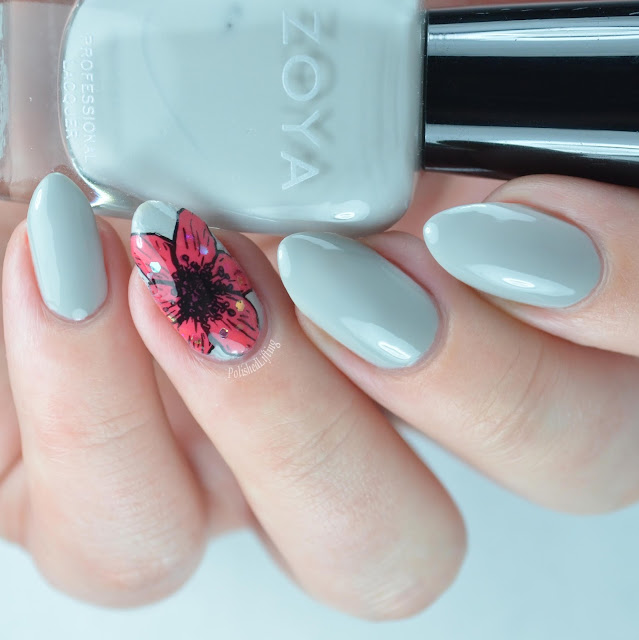 floral nail art with gray and pink