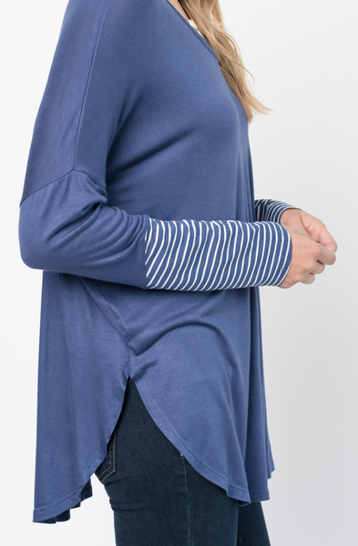 Buy Now Blue V-Neck Striped Panel Sleeve Tunic Online - $34 -@caralase.com