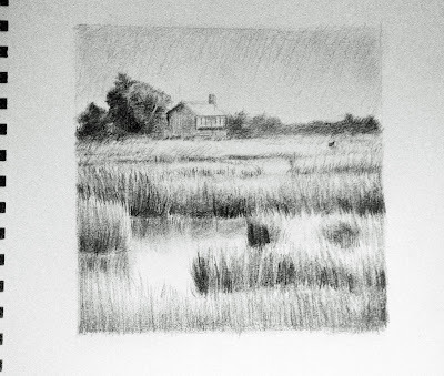 Katherine Kean, drawing, the great marsh, cape cod, halfway house, graphite, nature
