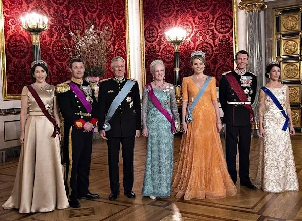 Queen Mathilde wore Armani Prive Gown, Princess Mary wore gown and Princess Marie diamond tiara at State Banquet at Christiansborg Palace