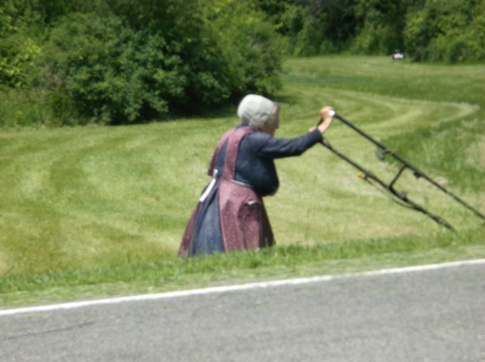 Mennonite lady mowing her lawn.