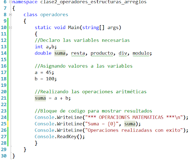Primer Ejemplo Operadores en Visual C#