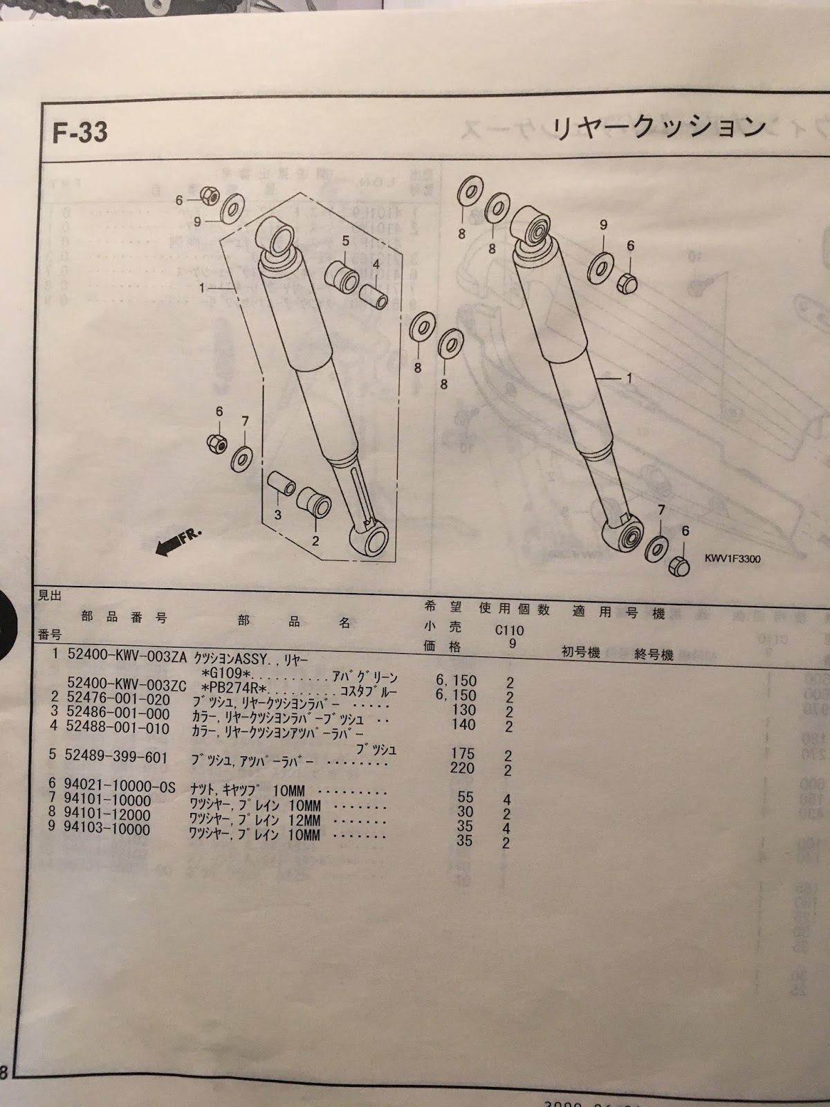 リアサス、カヤバMGS330 MGS330T ノーマル を比較 観察（スーパーカブ110JA07）