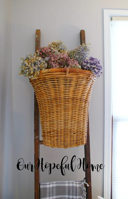 vintage French wall basket hydrangeas ladder
