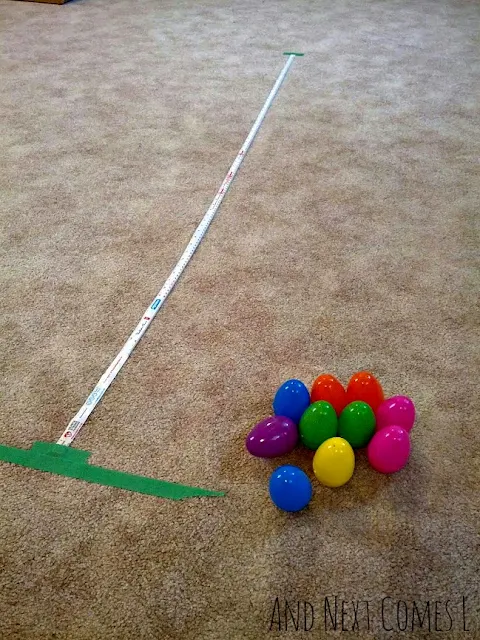 Exploring distance and math concepts using wobbly Easter eggs from And Next Comes L